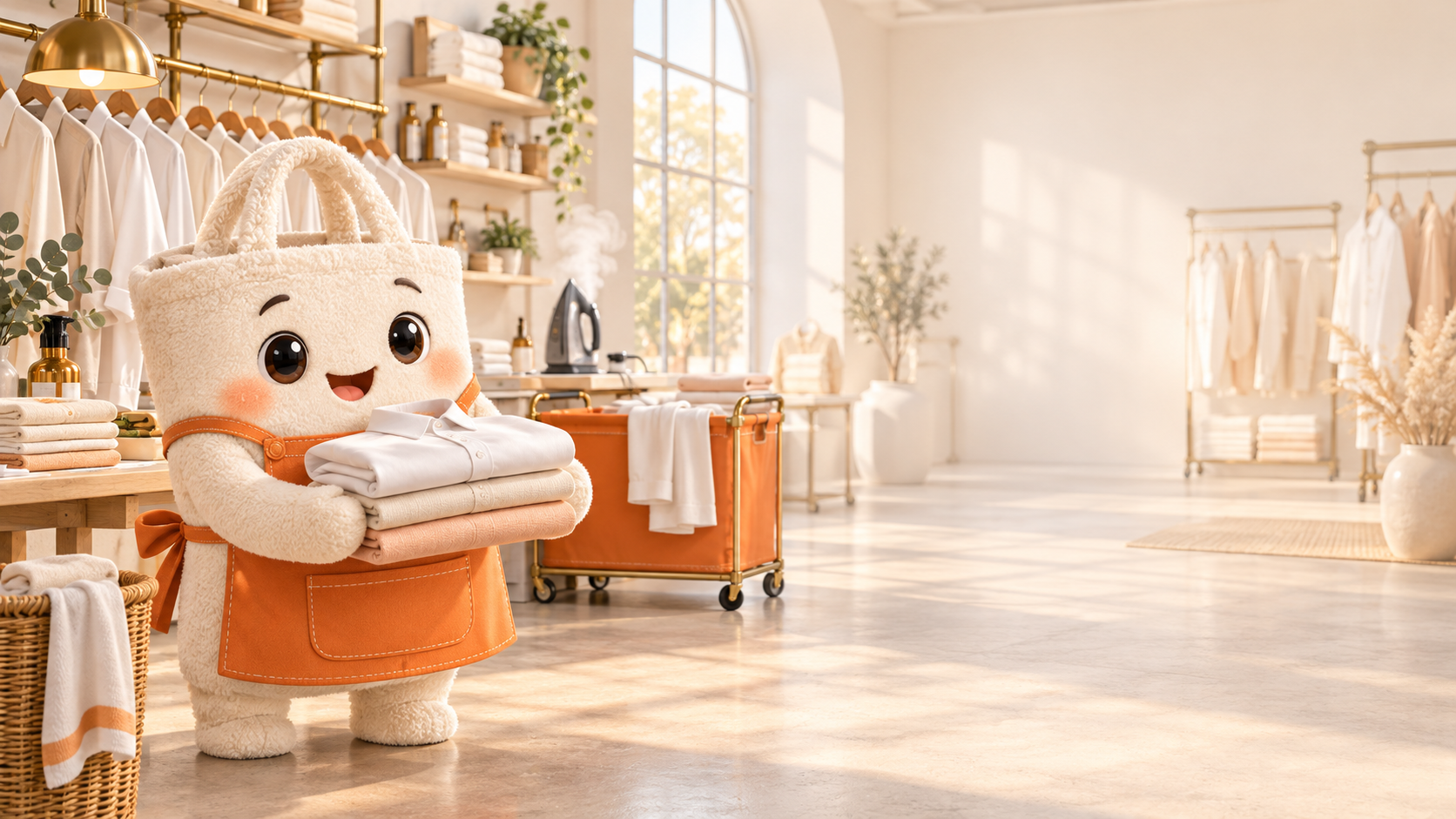 A friendly laundry-tote character in an orange apron holding a freshly folded shirt in a garment-care studio